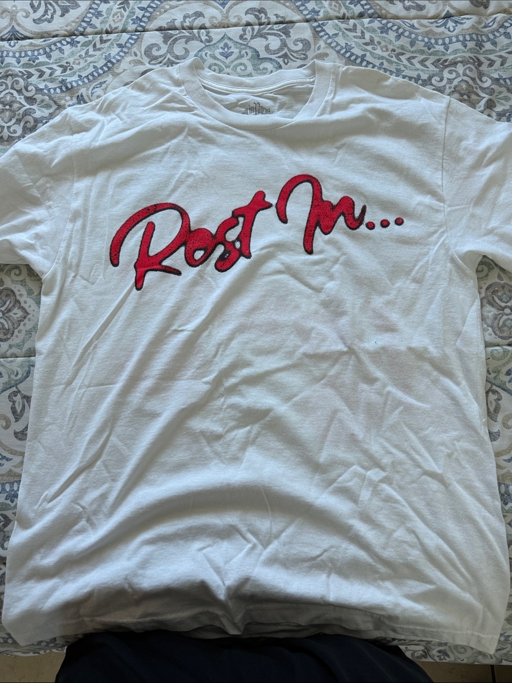 White Short Sleeve Tee with Bold Red Script Graphic
